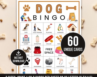 Dog Bingo Game, 60 Dog Bingo Cards, Printable Dog Bingo Game, Puppy Birthday Party, Kids Classroom Activity, Instant Download