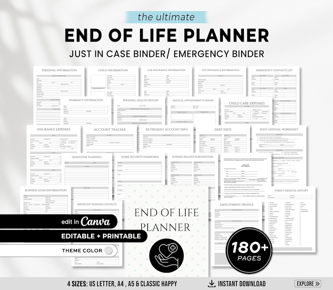 End of Life Planner, PRINTABLE Just In Case of Emergency Binder, Life Planner, Death Legac