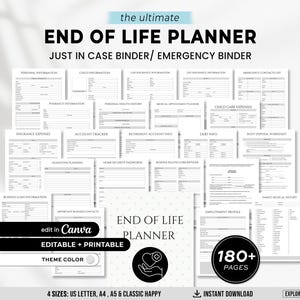 Puede incluir: Un "Planificador de Fin de Vida" blanco y gris con el texto "Just in Case Binder/ Emergency Binder". El planificador incluye formularios para información personal, infantil y de seguros. Es editable e imprimible, con más de 180 páginas y disponible en tamaños US Letter, A4, A5 y Classic Happy.