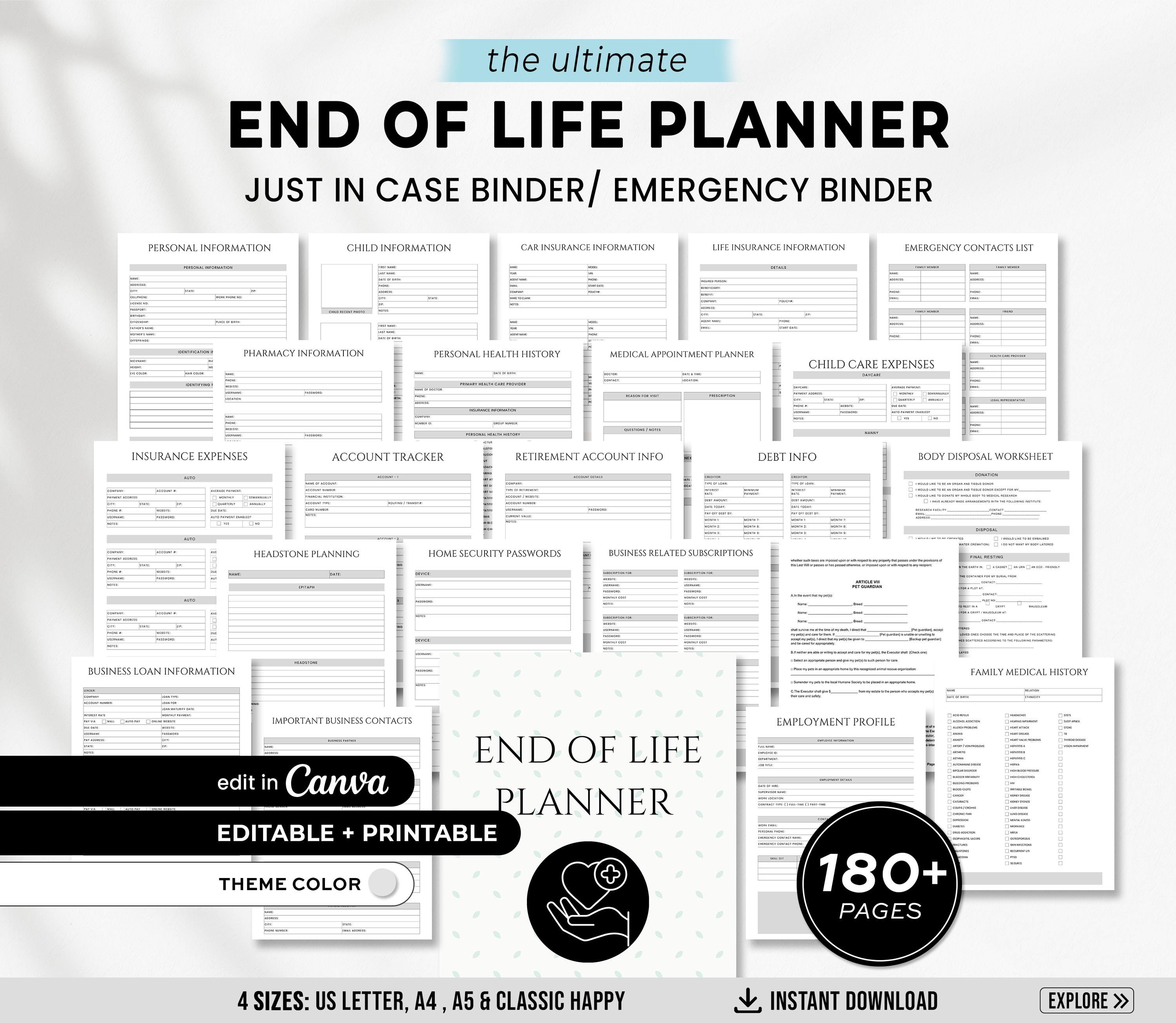End of Life Planner, PRINTABLE Just in Case of Emergency Binder, Life ...