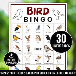 Op de afbeelding: Een Bird Bingo-spel met een rode rand. Het bevat illustraties van vogels zoals een toekan, eend en uil. De tekst "BIRD BINGO" staat bovenaan, met "30 UNIEKE KAARTEN" in een cirkel. Inclusief "DIRECT DOWNLOADEN".