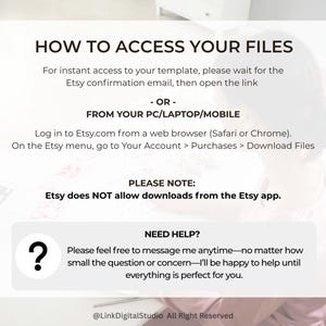 May include: White background with text explaining how to access files after purchase. Instructions include waiting for an Etsy confirmation email or logging into Etsy on a PC, laptop, or mobile device. A question mark icon is present with a "Need Help?" message.