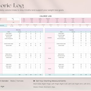 Puede incluir: Un registro de calor&iacute;as imprimible con el t&iacute;tulo "Calorie Log". El registro est&aacute; dise&ntilde;ado para rastrear la ingesta diaria de calor&iacute;as, con secciones para comidas, calor&iacute;as y otras mediciones. Incluye indicaciones para seleccionar el g&eacute;nero e ingresar la edad.