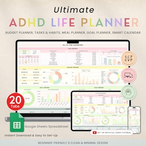 Op de afbeelding: Digitale ADHD Life Planner weergegeven op een computer, tablet en telefoon. De planner bevat budget-, taken- en maaltijdplanningfuncties. De tekst "Ultimate ADHD Life Planner" en "Google Sheets Spreadsheet" is ook zichtbaar.