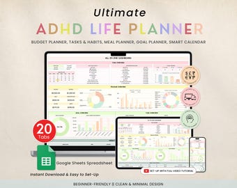 ADHD Life Planner Spreadsheet Google Sheets To Do Liste Ersparnis-Tracker Organizer Budget-Tracker Mahlzeitenplaner Produktivitätsplaner Tagesziel