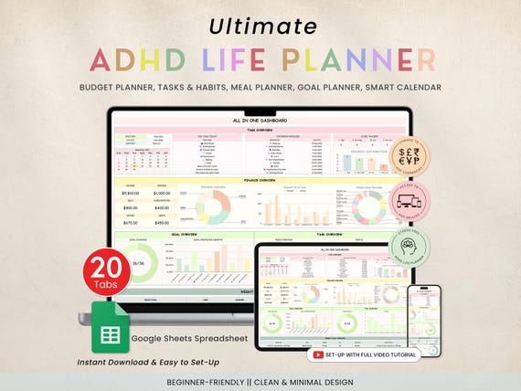ADHD Life Planner Spreadsheet Google Sheets To Do List Savings Tracker Organizer Budget Tracker Meal Planner Productivity Planner Daily Goal