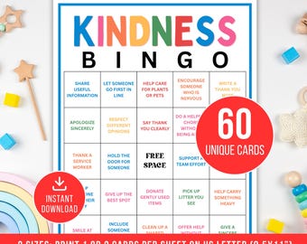 Kindness Bingo Game, 60 Kindness Bingo Cards, Kindness Activity for kids, Acts of Kindness Bingo, Kindness Bingo Cards, kids gratitude