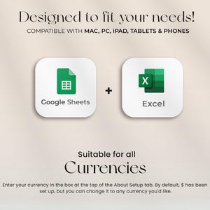 K&ouml;nnte beinhalten: Das Bild zeigt den Text &bdquo;Entwickelt, um Ihre Bed&uuml;rfnisse zu erf&uuml;llen!&ldquo; und &bdquo;KOMPATIBEL MIT MAC, PC, IPAD, TABLETS & PHONES&ldquo;. Es zeigt die Google Sheets- und Excel-Symbole. Der Text &bdquo;Geeignet f&uuml;r alle W&auml;hrungen&ldquo; ist ebenfalls vorhanden.