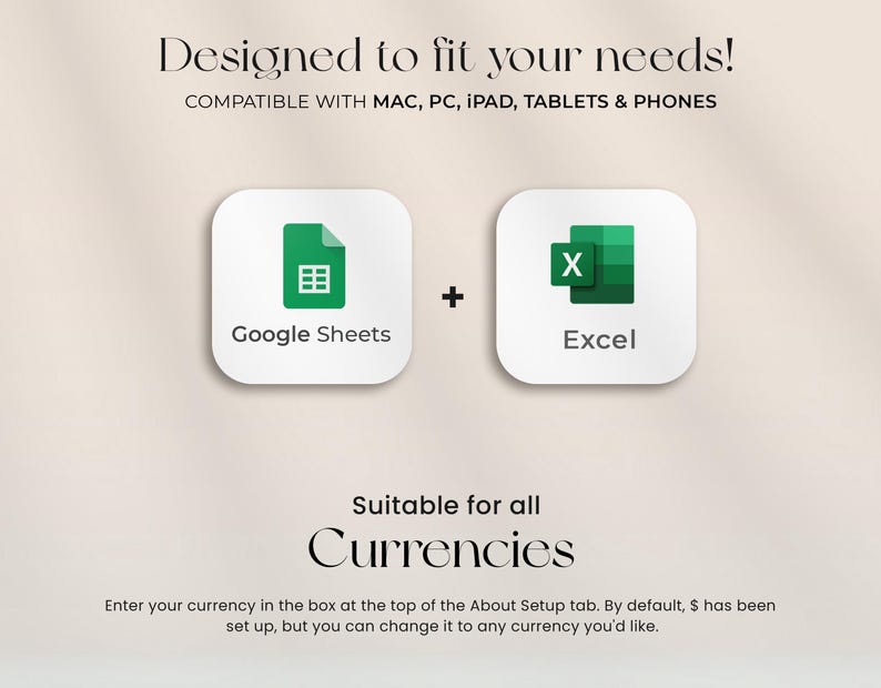 K&ouml;nnte beinhalten: Das Bild zeigt den Text &bdquo;Entwickelt, um Ihre Bed&uuml;rfnisse zu erf&uuml;llen!&ldquo; und &bdquo;KOMPATIBEL MIT MAC, PC, IPAD, TABLETS & PHONES&ldquo;. Es zeigt die Google Sheets- und Excel-Symbole. Der Text &bdquo;Geeignet f&uuml;r alle W&auml;hrungen&ldquo; ist ebenfalls vorhanden.