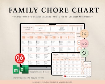 Family Chore Chart Google Sheets Excel | Wöchentlicher Reinigungsplan | Bearbeitbare Haushaltstabelle für Kinder und Erwachsene | Familien-Aufgabenplaner