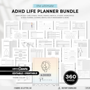 Peut inclure: Un ensemble de planificateurs de vie ADHD blancs avec 360 pages, comprenant des modèles pour les soins personnels, la forme physique, les finances, etc. Le planificateur comprend le texte "ADHD Life Planner Bundle" et "Edit in Canva". Disponible en formats US Letter et A4.