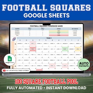 May include: A laptop screen displays a football squares fundraiser game in Google Sheets. The screen shows a grid with team names, scores, and winner information. Text on the screen includes "Football Squares," "Google Sheets," and "Auto Payouts."