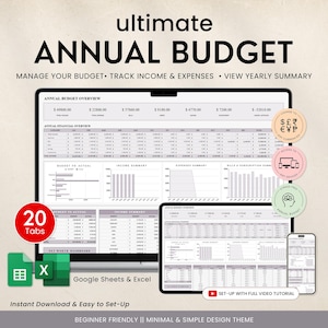 May include: A digital annual budget template displayed on a computer monitor, tablet, and smartphone. The text reads "ultimate ANNUAL BUDGET" with the tagline "Manage Your Budget, Track Income & Expenses, View Yearly Summary." Includes icons and the text "20 Tabs", "Google Sheets & Excel".
