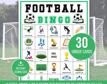 Voetbalbingo, 30 afdrukbare voetbalbingokaarten, voetbalbingogames, voetbalfeestspel, voetbalactiviteit, klasbingospel voor kinderen