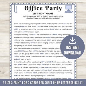 Può includere: Un gioco stampabile per una festa in ufficio intitolato "Left Right Game" con istruzioni e una storia. Il gioco è progettato per essere stampato su carta in formato A4. Download digitale.