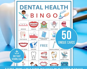 Dental Health Bingo, 50 Dental Health Bingo Cards, Printable Dental Activity for Kids and Adults, Teeth Care Bingo Game, Digital Download