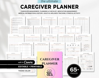 May include: A caregiver planner with over 65 pages, featuring sections for management, planning, medication, medical history, and wellness tracking. The planner is editable and printable, available in US Letter, A4, A5, and Classic Happy sizes.