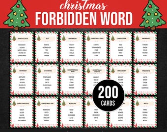 Op de afbeelding: Een set van 200 'Christmas Forbidden Word' spelkaarten met een rode koptekst met de tekst 'christmas FORBIDDEN WORD' en twee geïllustreerde kerstbomen. Elke kaart bevat een vakterm en vijf bijbehorende woorden in zwarte tekst.
