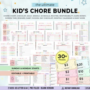 May include: A printable Kid's Chore Bundle with chore charts, checklists, and reward systems. The bundle includes over 30 pages, with editable and printable options. The design features pastel colors and includes play money.