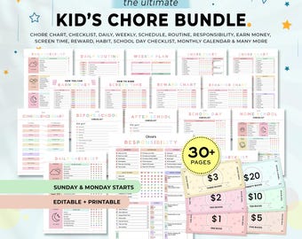 Editable Kids Chore Chart Bundle, School, Reward, Allowance, Daily Checklist, Weekly Chores, Responsibility, Behavior, Consequences, Letter