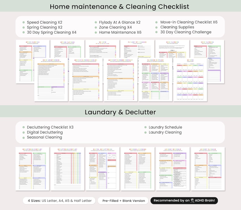 Canva editable ADHD cleaning chore chart and checklist bundle for home management and routine building