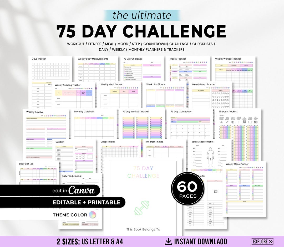 75 Day Challenge Tracker Bundle, Daily 75 Day Challenge Journal ...
