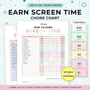 May include: A pastel-coloured printable chore chart, titled "Earn Screen Time". The chart includes chores, time estimates, and a reward section. Bonus play money is also included, with values in pounds.