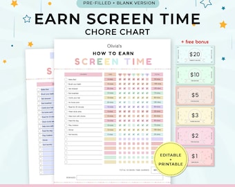 Earn Screen Time, Kids Screen Time Chart, Editable Reward Chart, Screen time chore chart, Printable Checklist, Daily screen time schedule