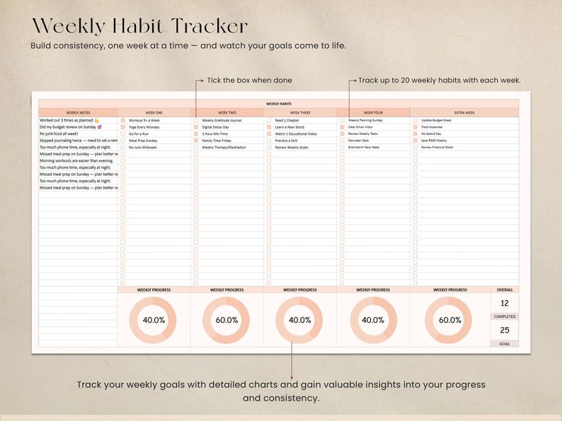 Habit Tracker Spreadsheet Google Sheets Excel Digital Daily Routine ...