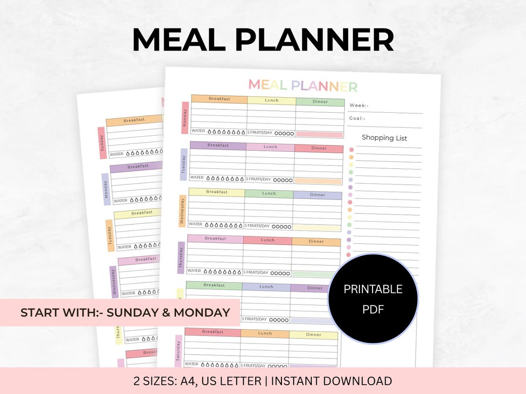 Meal Planner Printable, Weekly Food Diary, Meal Tracker, Food Journal ...