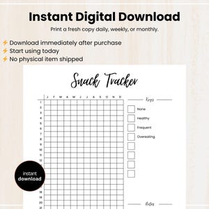 May include: A printable black and white snack tracker with the title "Snack Tracker" in a handwritten font. The digital download includes a grid for tracking snacks, a key for rating, and the text "Instant Digital Download".