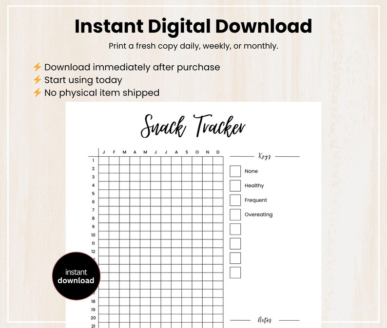 May include: A printable black and white snack tracker with the title "Snack Tracker" in a handwritten font. The digital download includes a grid for tracking snacks, a key for rating, and the text "Instant Digital Download".