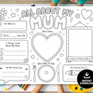 Può includere: Foglio di attività stampabile in bianco e nero "All About My Mum". Include sezioni da compilare per nome, età, cose preferite e spazio per una foto. Presenta cuori decorativi, fiori e il testo "Instant Download".