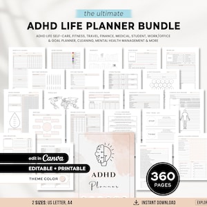 Może przedstawiać: Zestaw drukowanych planerów życia ADHD z 360 stronami. Planer zawiera sekcje dotyczące samoopieki, fitnessu, finansów i innych. Okładka zawiera grafikę mózgu i tekst "ADHD Planner". Planer jest edytowalny w Canva.