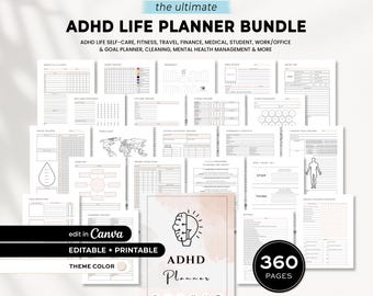 May include: A bundle of printable ADHD life planners with 360 pages. The planner includes sections for self-care, fitness, finance, and more. The cover features a brain graphic and the text "ADHD Planner". The planner is editable in Canva.