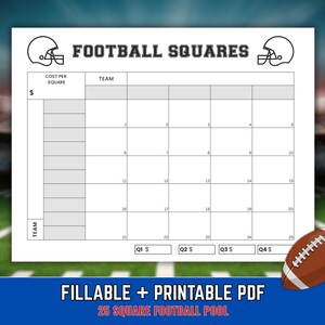 May include: A white printable football squares grid with black outlines, featuring two football helmet icons, a column for cost per square, rows for team names, and numbered squares from 1 to 25. The document includes sections for Q1, Q2, Q3, and Q4 payouts.