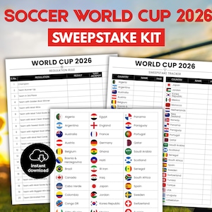 Può includere: Un kit di lotteria a tema calcistico per la Coppa del Mondo 2026. Il kit include regole e un tracker con le bandiere dei paesi. Il testo "Soccer World Cup 2026 Sweepstake Kit" è visibile. È presente anche un'opzione di download immediato.