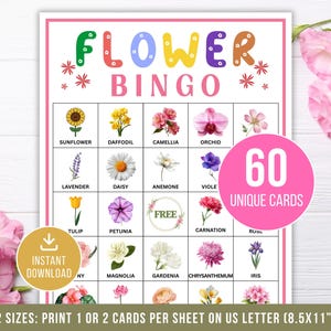 Blombingo, Blombingokort, 60 utskrivbara blombingospel, Trädgårdsbingospel, Vårbingobrädor för barn, Klassrumsaktivitet, PDF