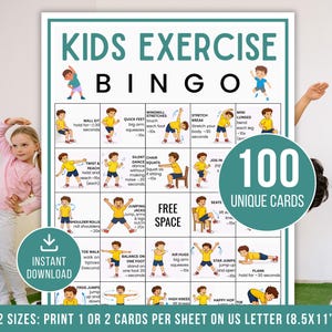 Kids Exercise Bingo, Exercise Bingo Cards, Printable Fitness Bingo Game, Kids Indoor Recess Activity, Classroom Bingo game, Instant Download