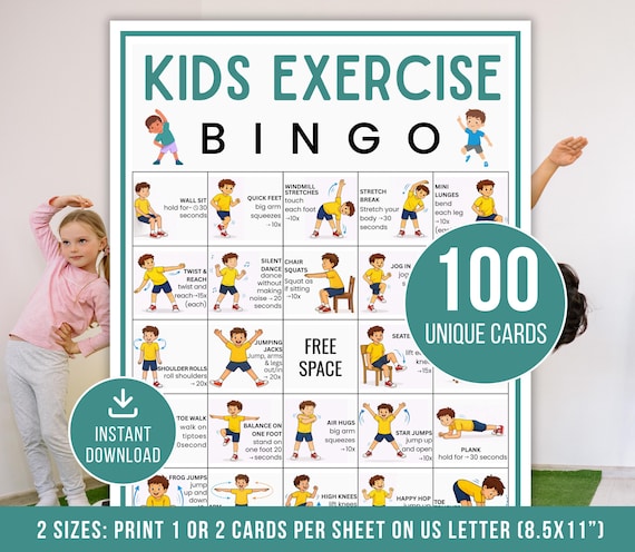 Kids Exercise Bingo, Exercise Bingo Cards, Printable Fitness Bingo Game, Kids Indoor Recess Activity, Classroom Bingo game, Instant Download