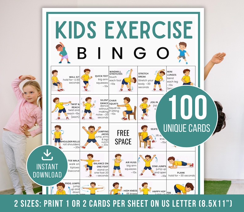 Kids Exercise Bingo, Exercise Bingo Cards, Printable Fitness Bingo Game, Kids Indoor Recess Activity, Classroom Bingo game, Instant Download