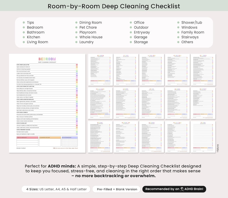 ADHD-friendly cleaning planner pages with clear sections, icons and easy-to-follow layout for better productivity