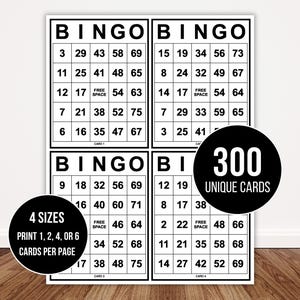 May include: A white bingo game set with four cards visible, each with a grid of numbers. The words "BINGO" are at the top of each card. Two black circles display "300 UNIQUE CARDS" and "4 SIZES PRINT 1, 2, 4, OR 6 CARDS PER PAGE".