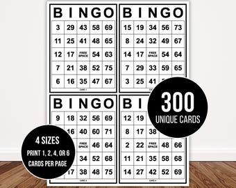 300 Jumbo Printable Bingo Cards |  1, 2, 4, and 6 Per Page Party Game | Large Print Bingo Cards | Black and White | 1-75 Bingo Number Cards