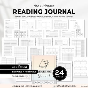 May include: A printable reading journal with 24 pages, including reading goals, trackers, and quotes. The journal is editable in Canva and available in A4 and US Letter sizes. The cover features a book illustration with the word "Journal".