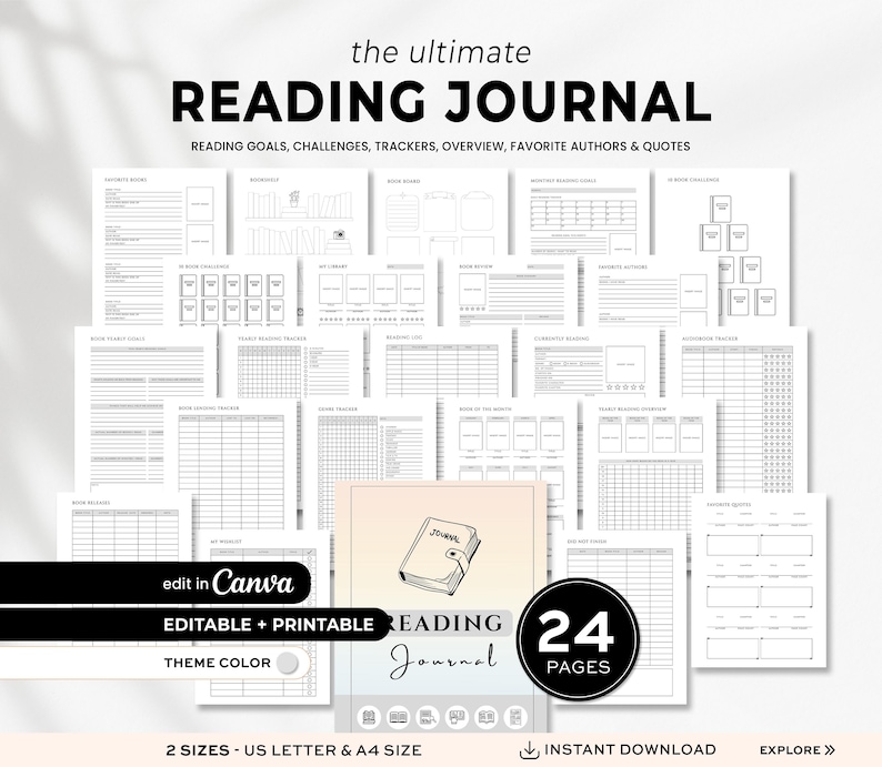 Editable Book Reading Journal,  Printable Reading Planner Bundle,  Book Trackers & Logs, Reading Challenge, Book Review Monthly Yearly, Canva Template