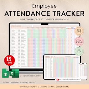 Może przedstawiać: Śledzenie obecności pracowników wyświetlane na monitorze komputera, tablecie i smartfonie. Obraz zawiera tekst "Employee Attendance Tracker" i "Smart Workforce Attendance Management". Dodatkowy tekst zawiera "15 kart", "Google Sheets & Excel" i "Natychmiastowe pobieranie i łatwa konfiguracja."