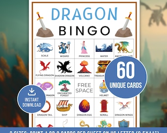 Dragon Bingo, 60 Dragon Bingo Cards,  Printable Dragon Bingo Game, Dragon Game, Classroom Activity for Kids, Instant Download