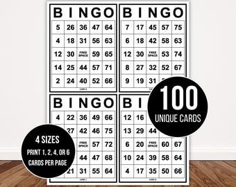 100 Printable Bingo Cards | 1, 2, 4, and 6 Per Page | Fun Party Game | Classroom Activity | Large Print Bingo Cards | Instant Download PDF