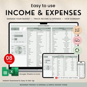 Puede incluir: Un rastreador digital de ingresos y gastos que se muestra en un monitor de computadora, tableta y teléfono inteligente. La imagen incluye el texto "Income & Expenses", "Manage Your Budget" y "Track Income & Expenses". El diseño es fácil de usar.